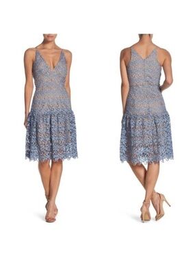 Dress the Population Lily Lace Dress Blue Drop Waist Cocktail Wedding Guest XS